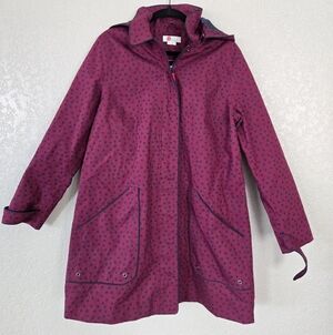 Boden Polka Dot Long Coat Rain Winter Womens 14R Plum Purple Blue Collar Zip
